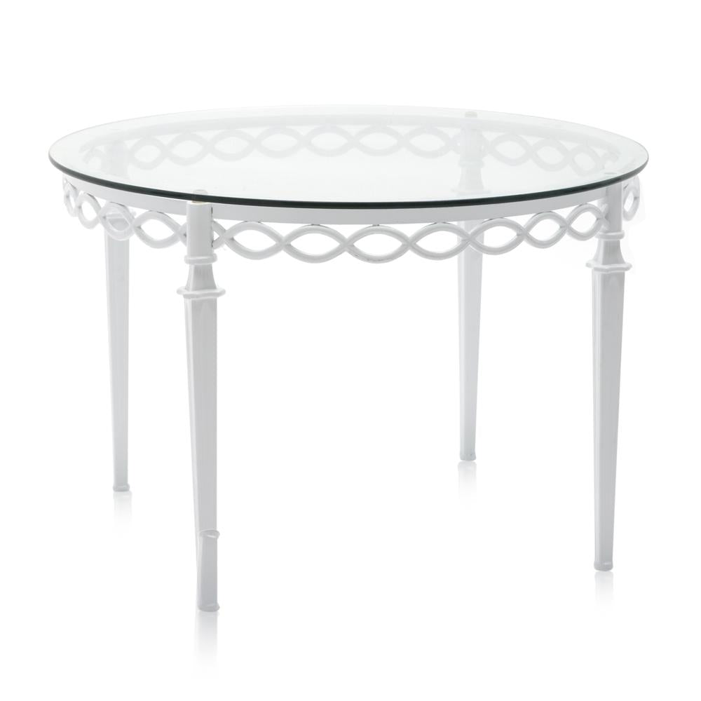 White & Glass Scroll Patio Table