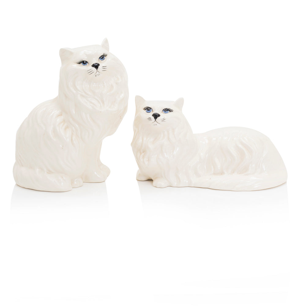 White Ceramic Blue Eyed Pair of Cats