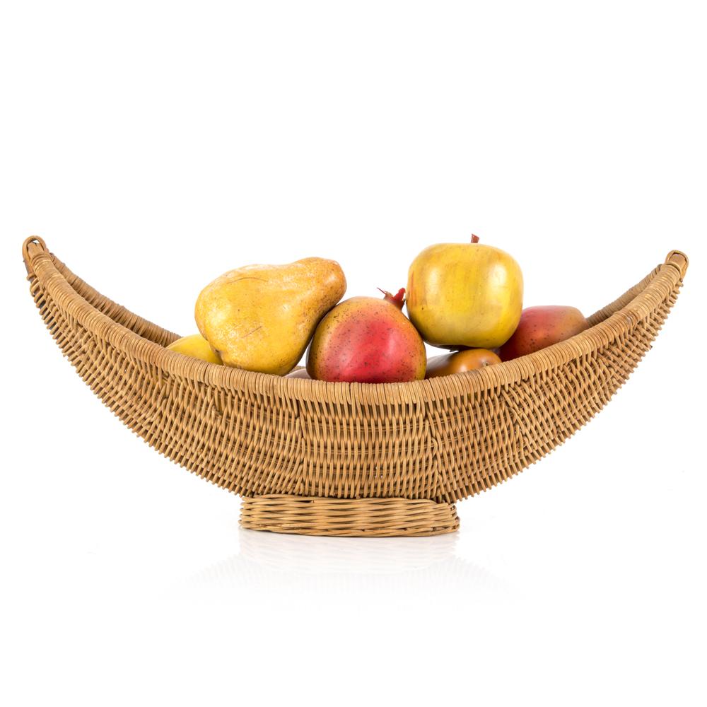 Wicker Crescent Boat Fruit Basket w. Faux Fruit