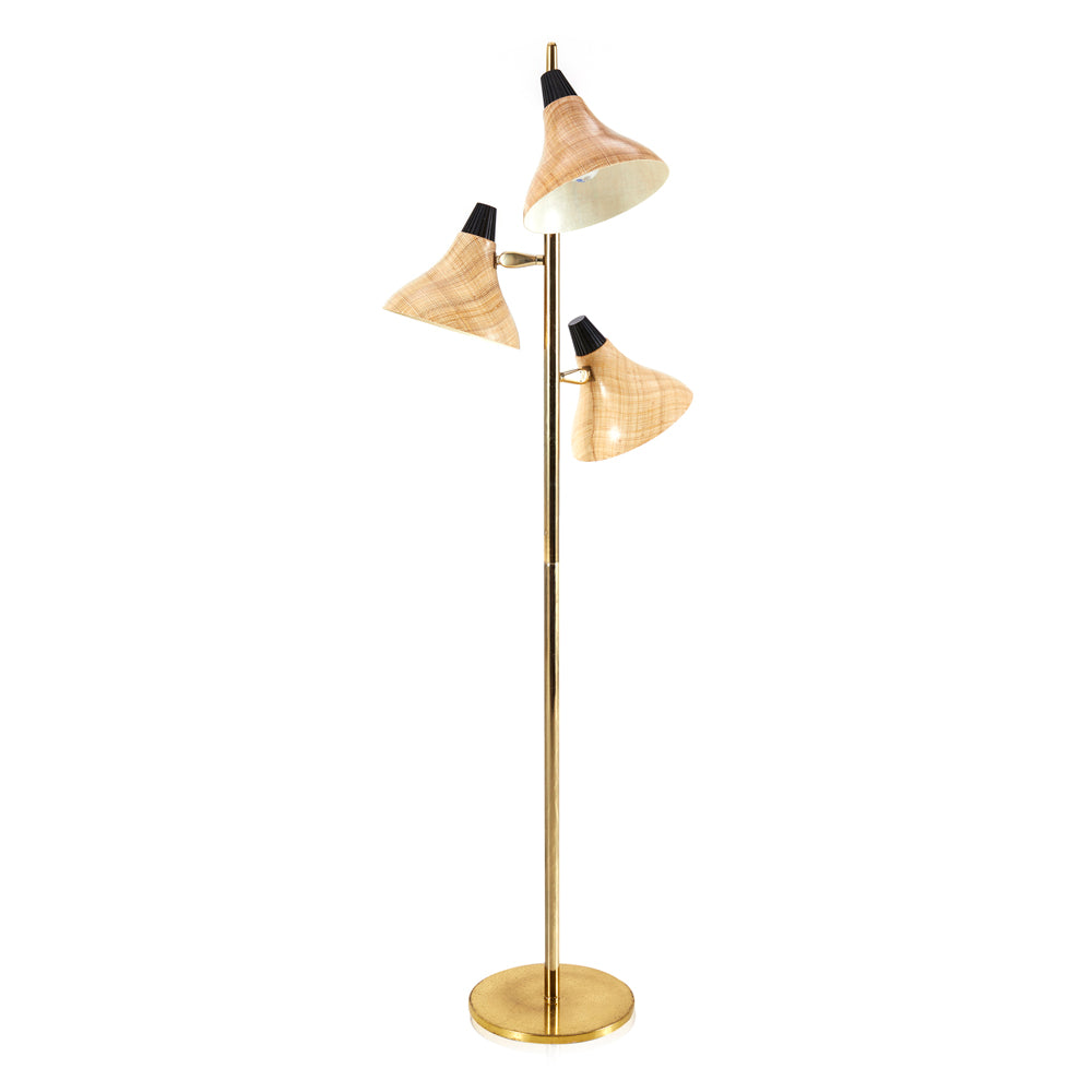 Brass Floor Lamp with 3 Woven Wood Shades