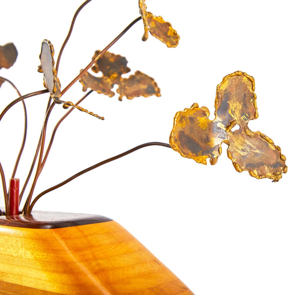 Yellow Wood Vase with Metal Flowers (A+D)