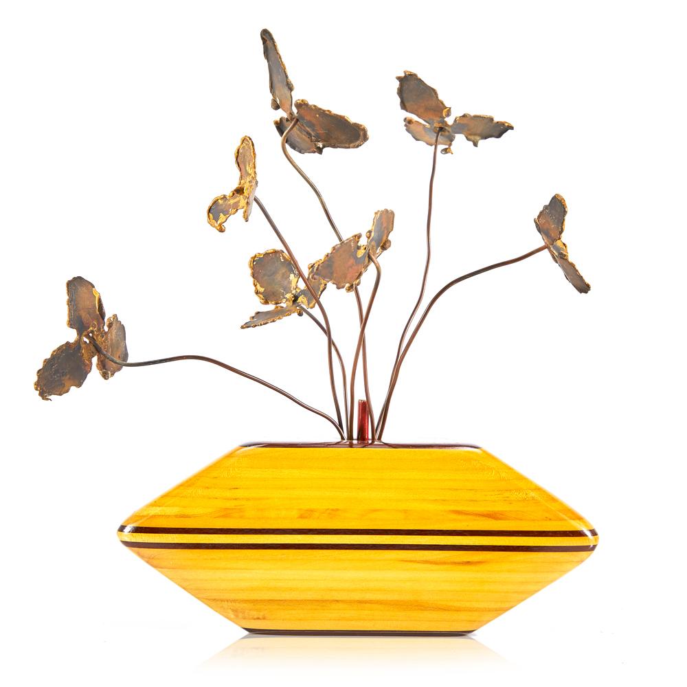 Yellow Wood Vase with Metal Flowers (A+D)