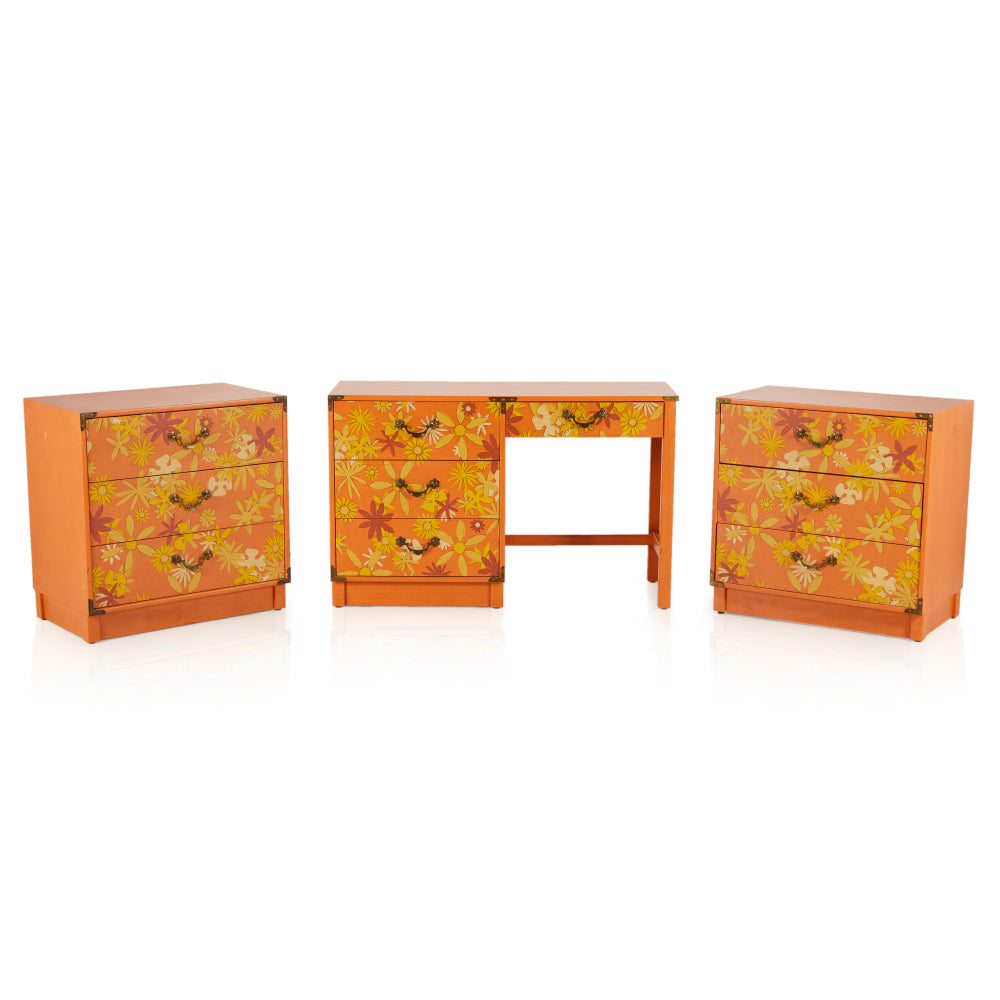 Orange Floral Vintage Bedroom Furniture Set