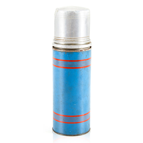 Blue & Red Stripe Vintage Thermos with Chrome Lid