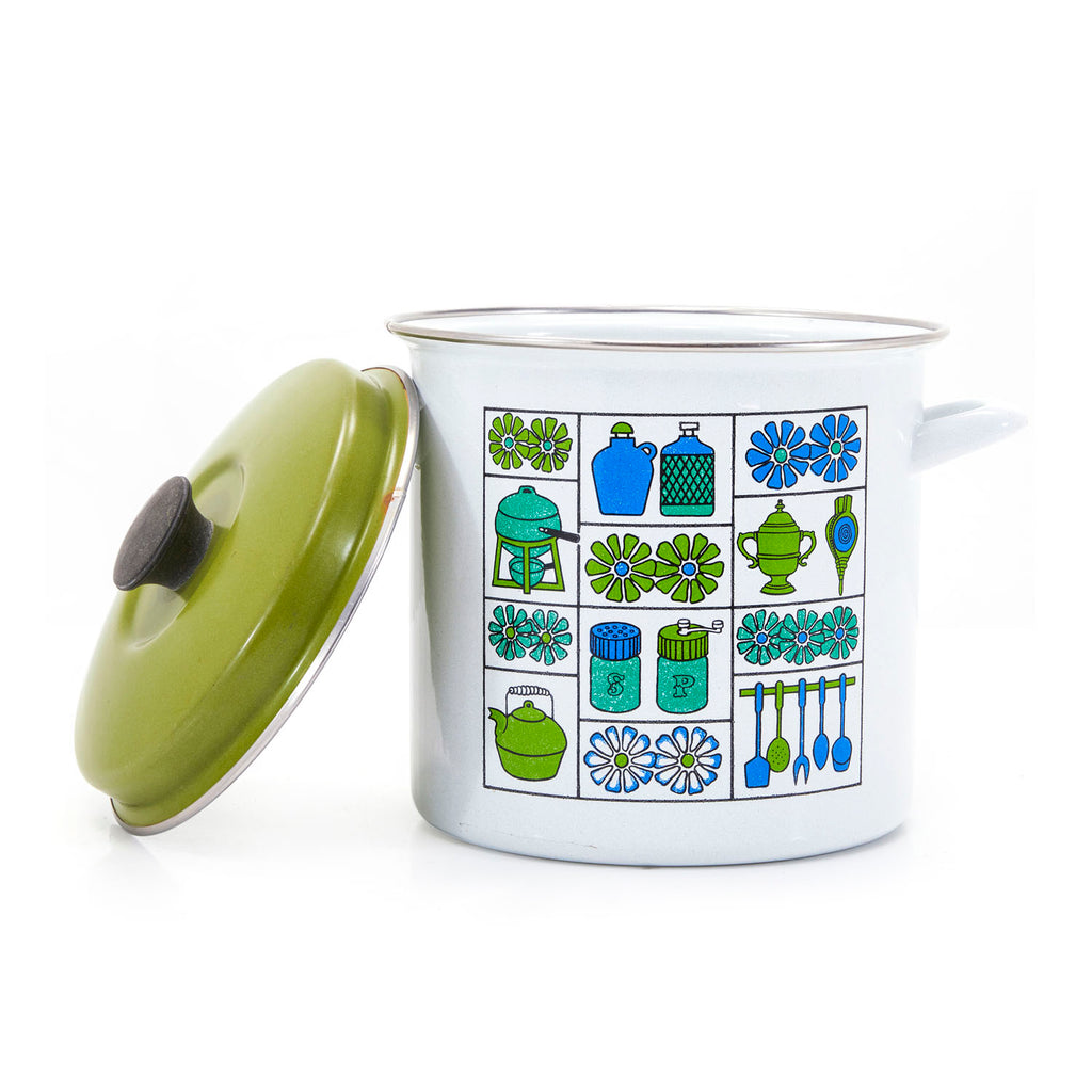 Blue + Green Pattern Enamel Cookware Set - 5 Pots + 3 Lids