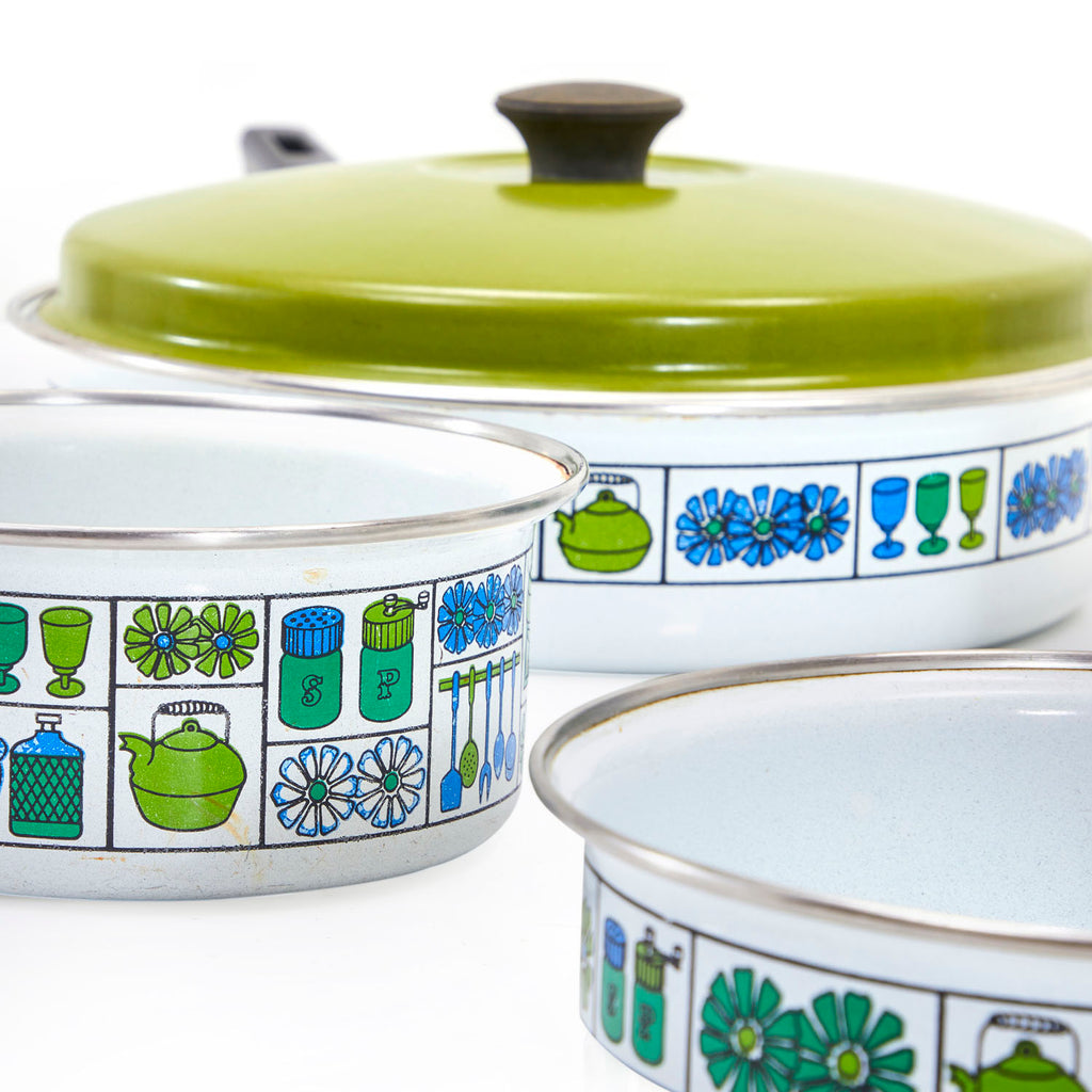 Blue + Green Pattern Enamel Cookware Set - 5 Pots + 3 Lids