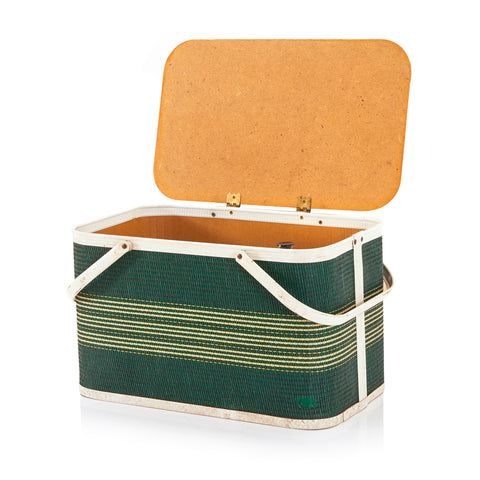 Vintage Green and Yellow Striped Picnic Basket