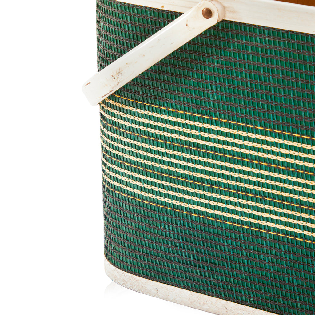 Vintage Green and Yellow Striped Picnic Basket