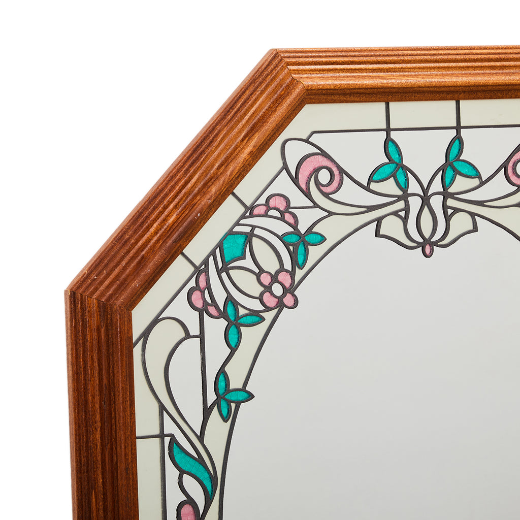Wood Octagon Floral Glass Wall Mirror