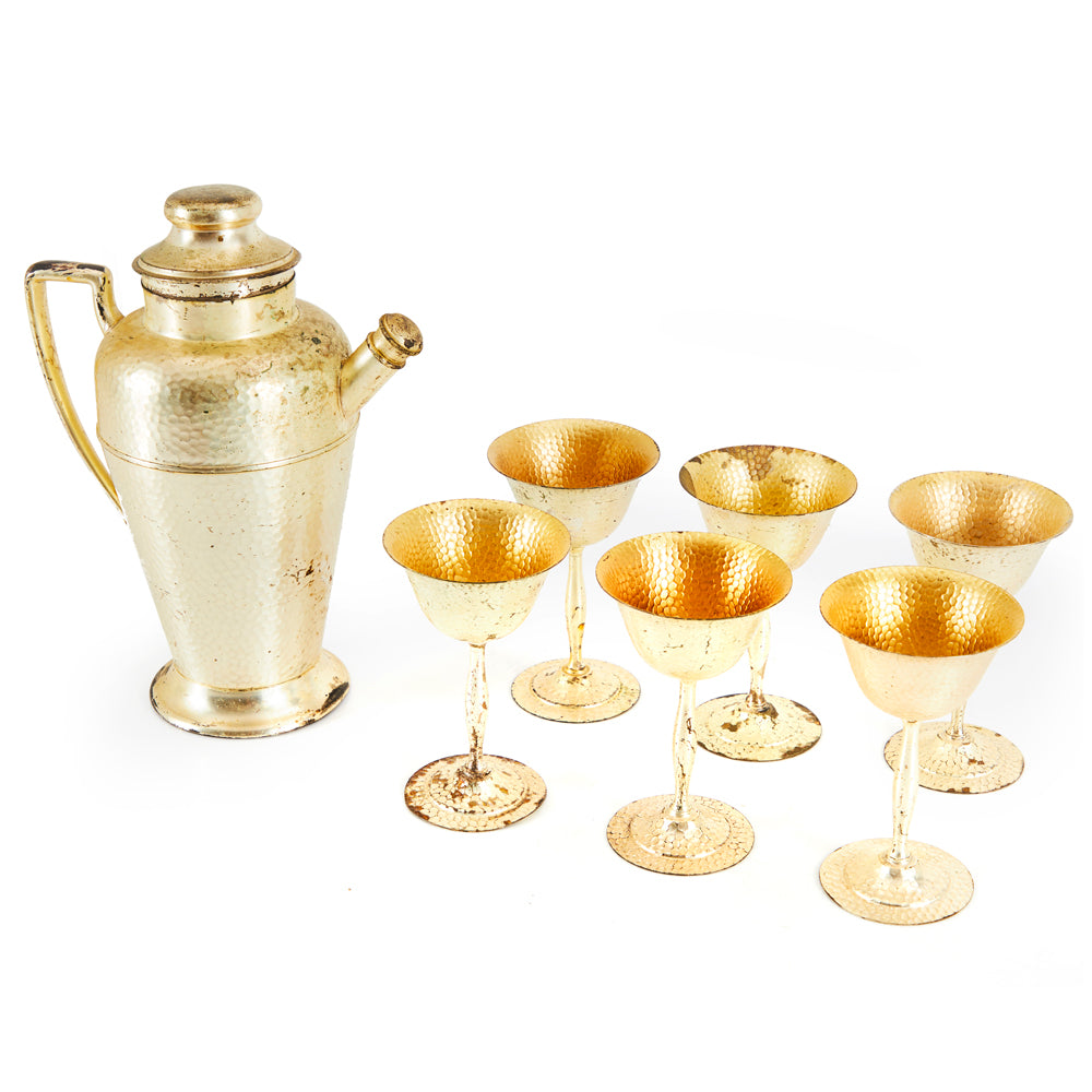 Set of 6 Gold Dimpled Metal Goblets and Pitcher