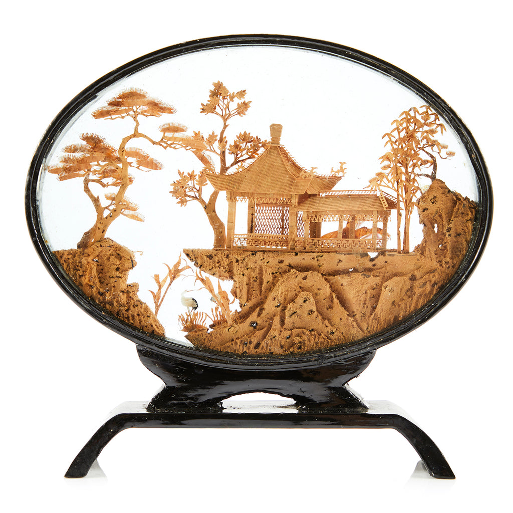 Tan Resin Encased Japanese Landscape Scene - Oval