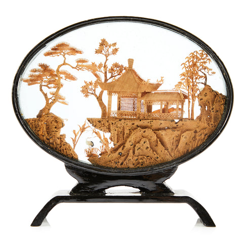 Tan Resin Encased Japanese Landscape Scene - Oval