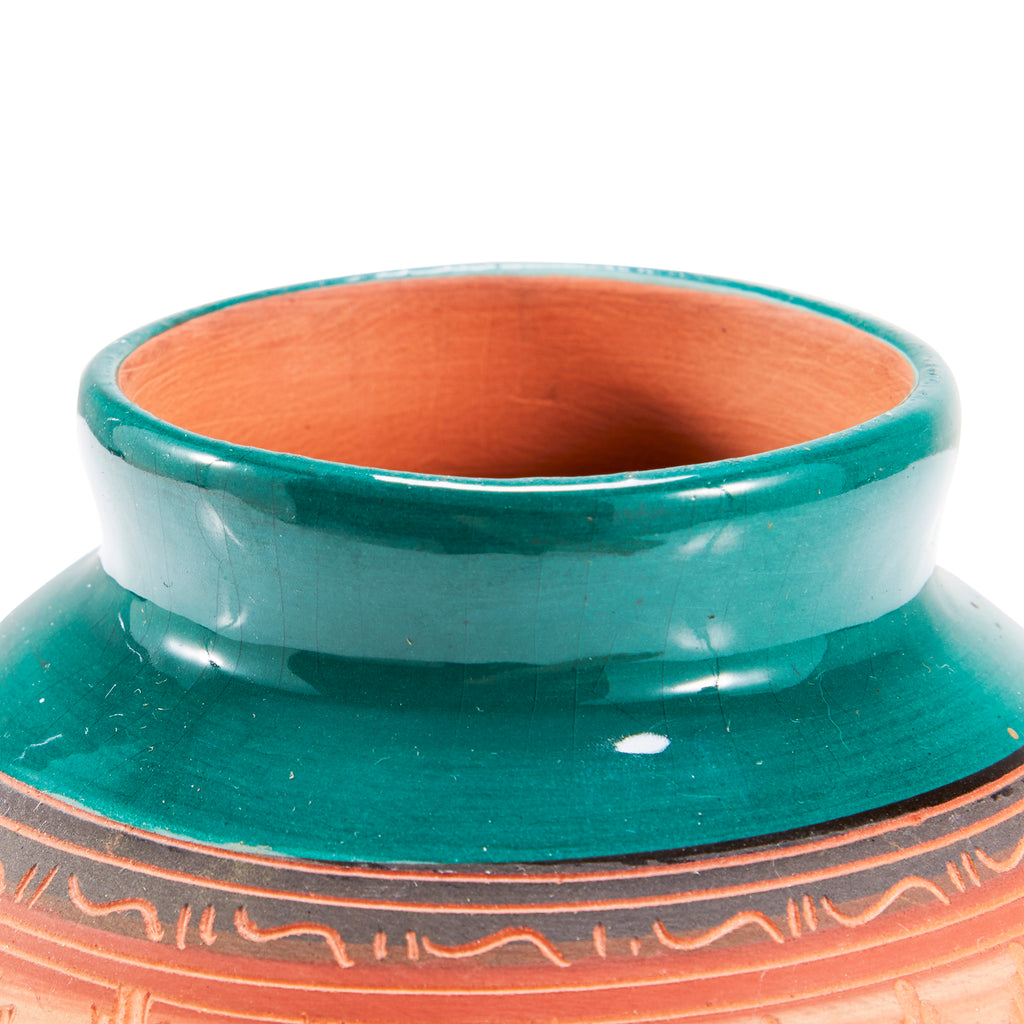 Orange and Teal Kokopelli Terracotta Vase (A+D)