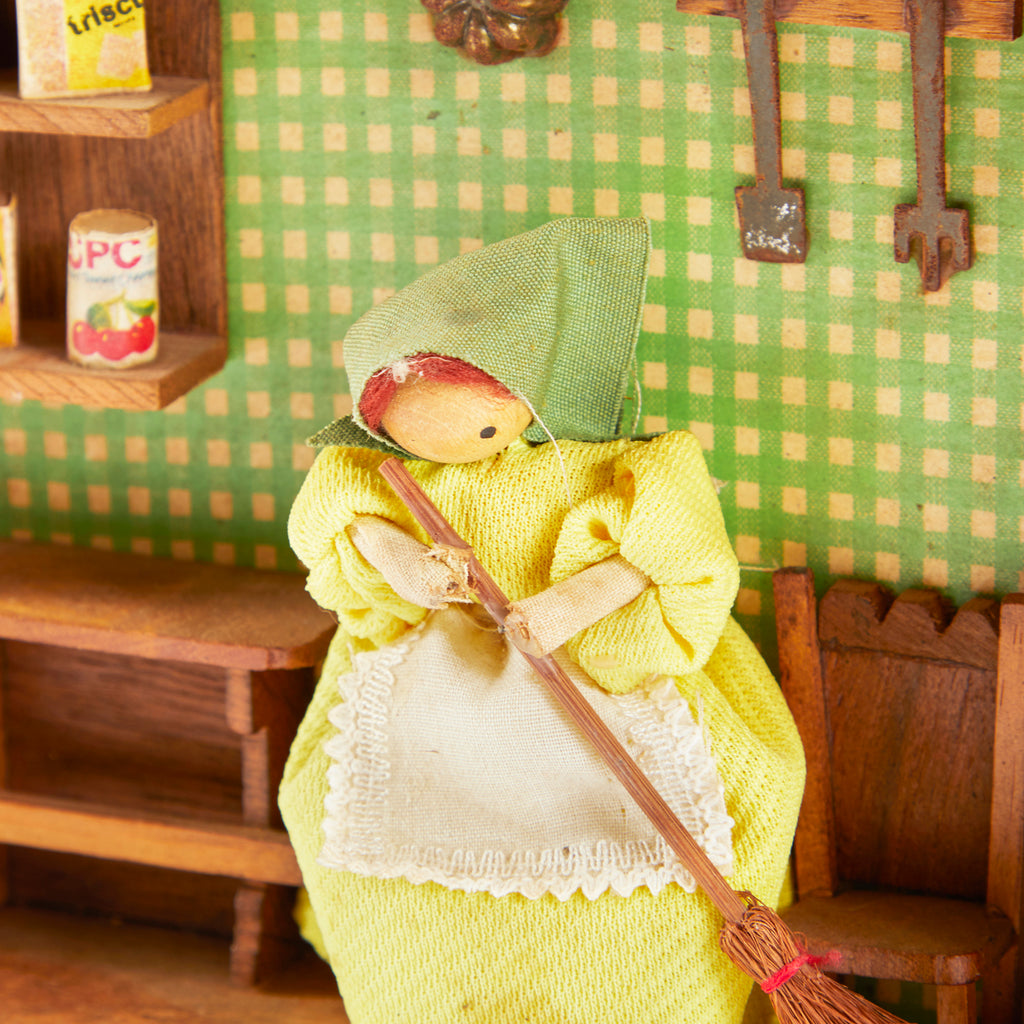 Wood Diorama Woman Sweeping Artwork
