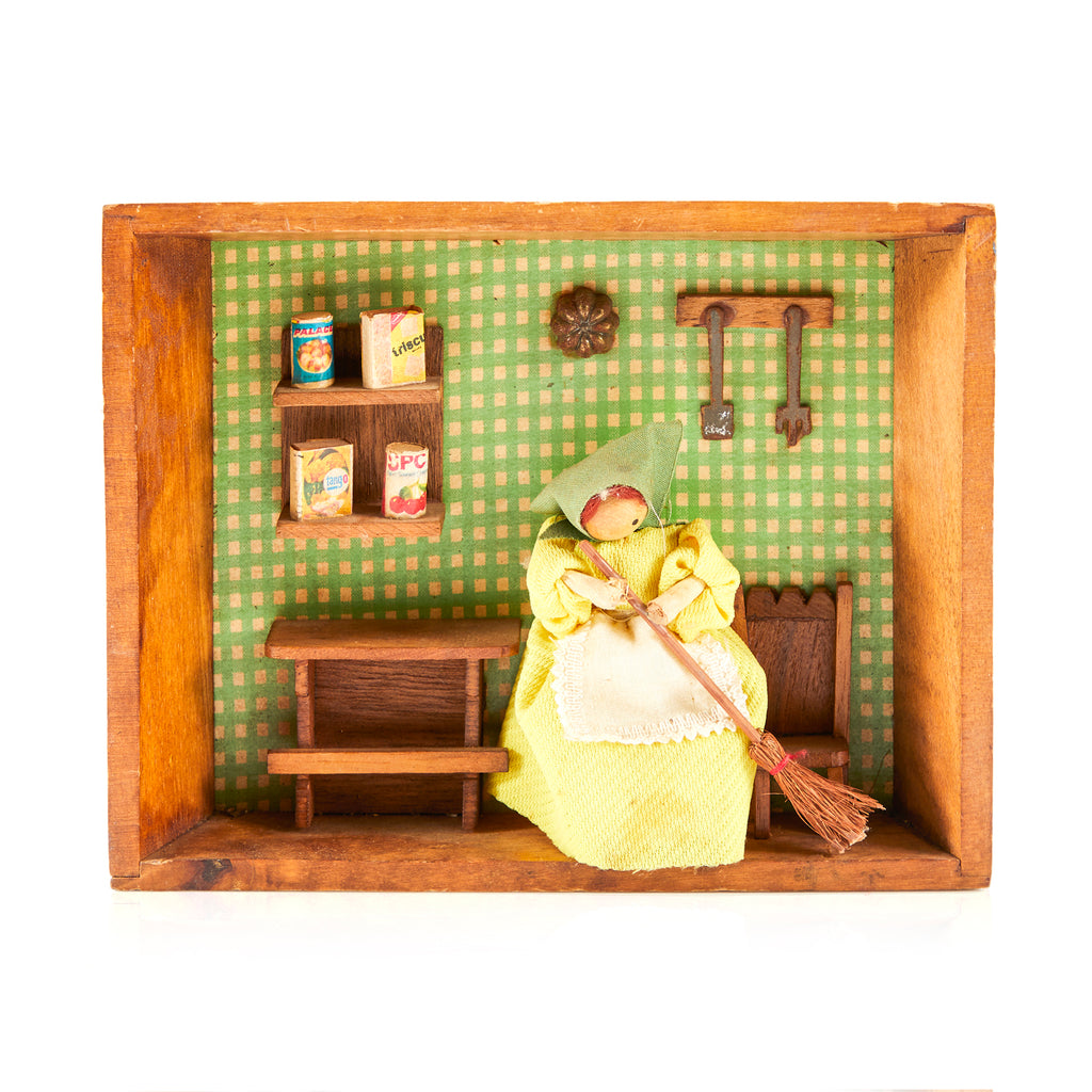 Wood Diorama Woman Sweeping Artwork