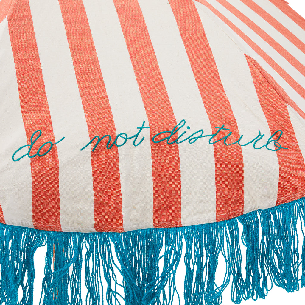 Faded Red and White Stripe Patio Umbrella w Blue Fringe