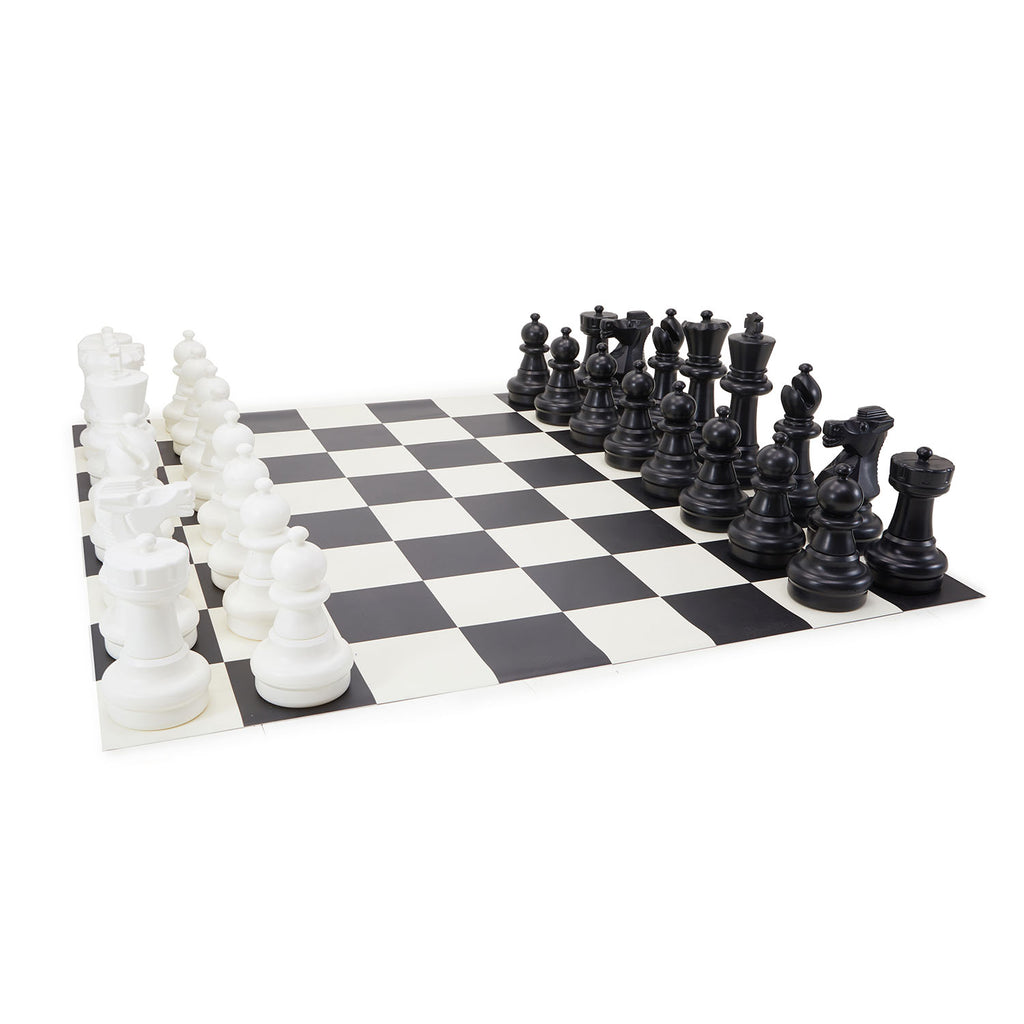 Oversized Black White Chess Set with Checkerboard Mat