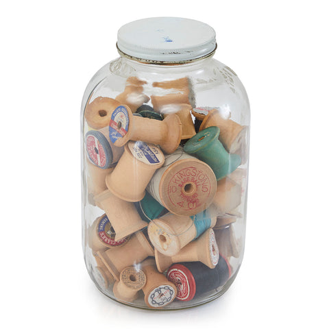 Large Glass Jar of Vintage Yarn Spools (A+D)