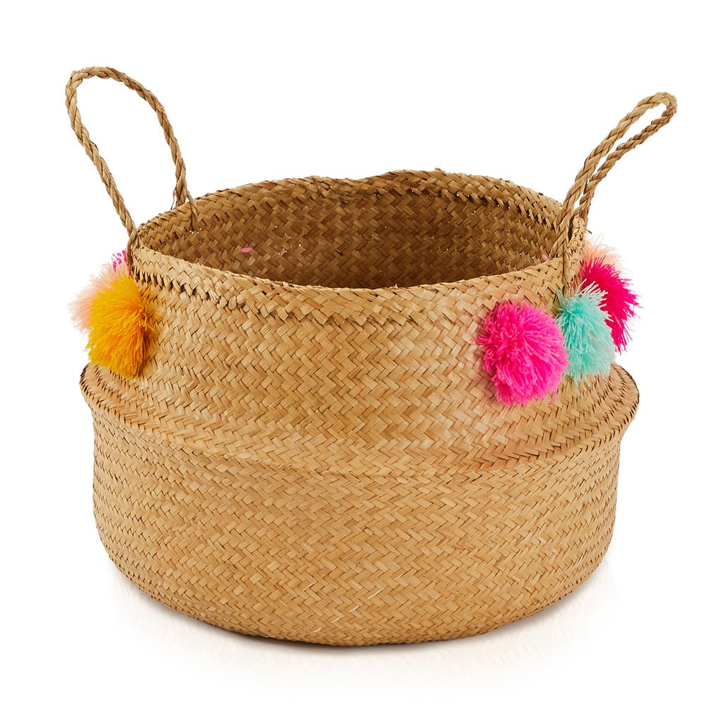 Woven Basket with Colorful Pom Poms