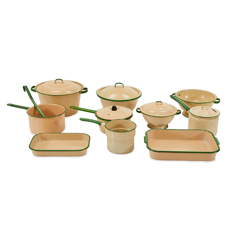 Green and Tan Enamel Pot (No Lid)