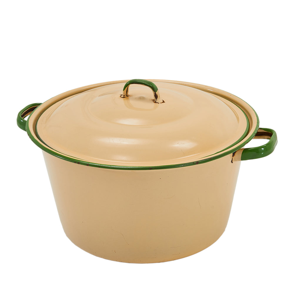 Large Green and Tan Enamel Dutch Oven w Lid