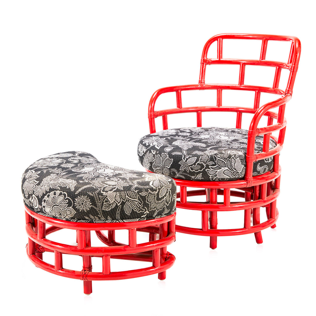Red Bamboo & Grey Floral Lounge Chair