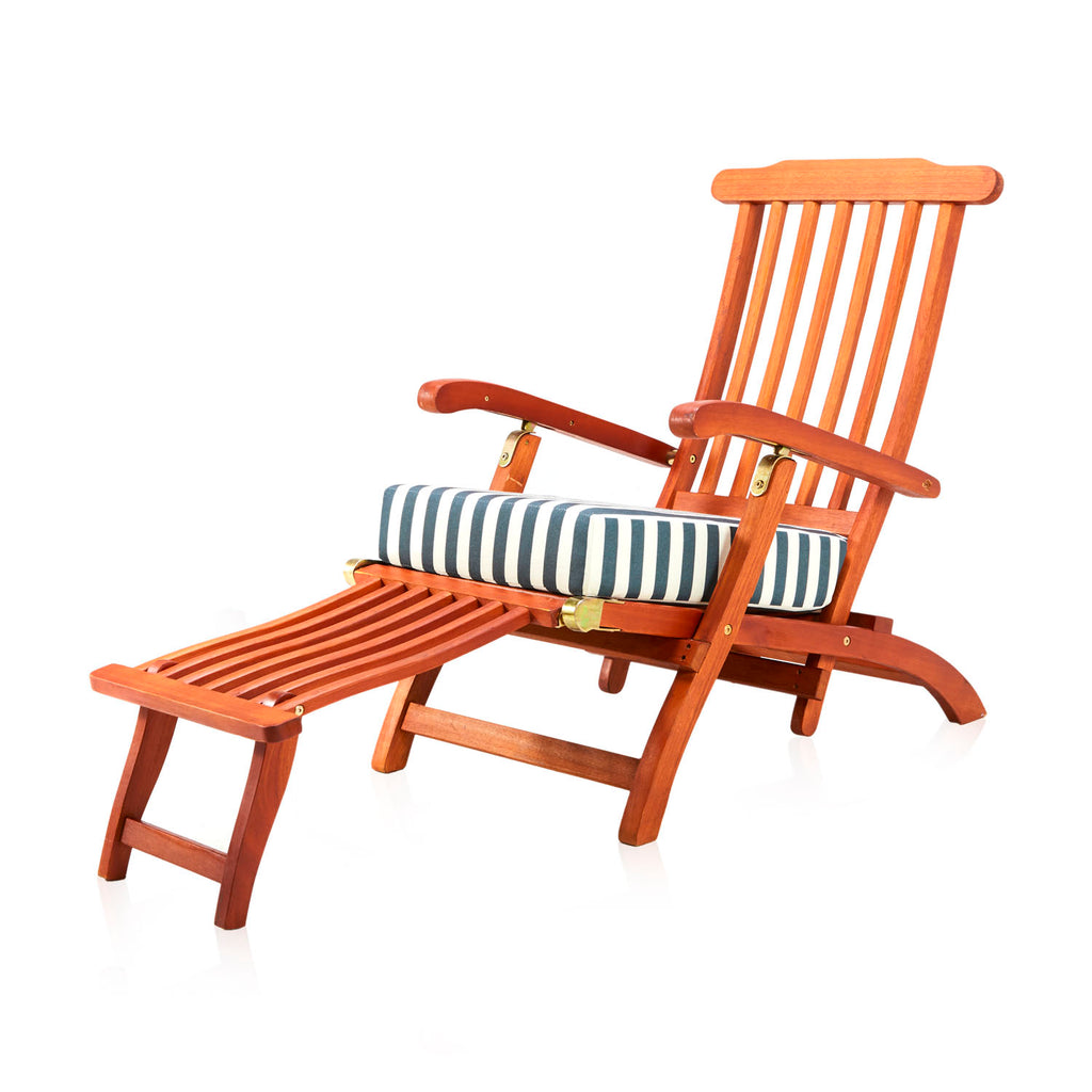 Wooden Outdoor Lounge Chair - Blue Stripe Cushion