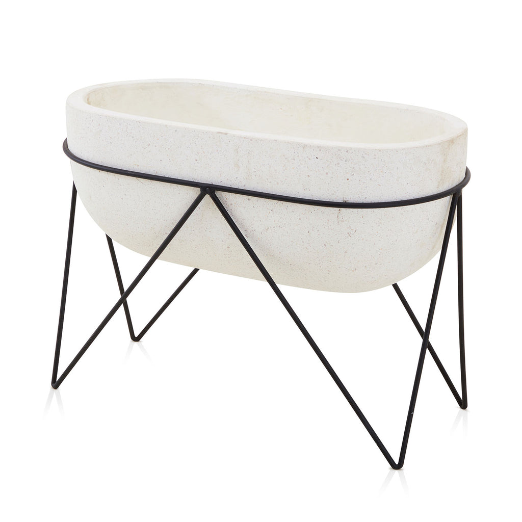 Off-White Bowl Planter with Black Wire Stand