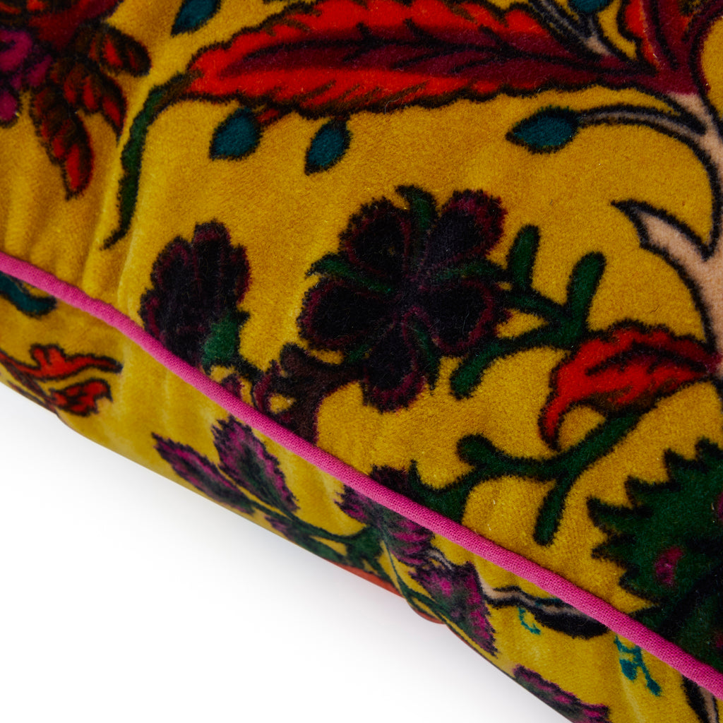 Yellow Mustard Velvet Floral Lumbar Pillow