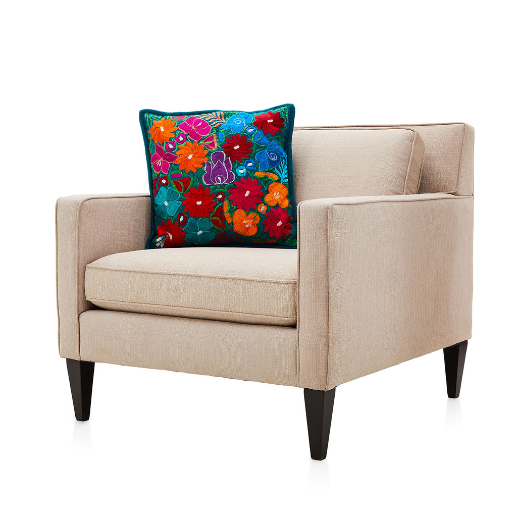 Teal Floral Mexican Embroidered Pillow
