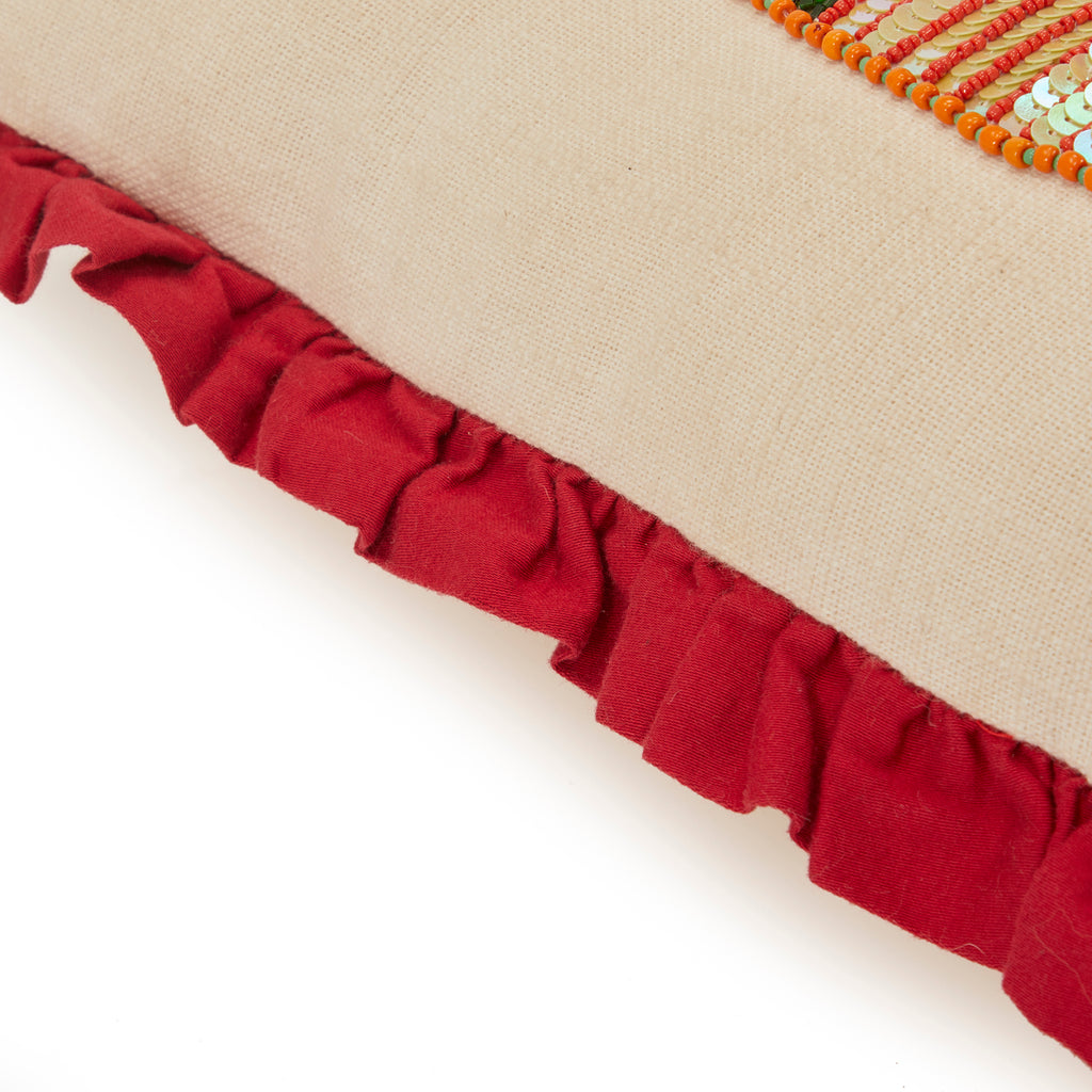 Red & Beige Beaded Owl Pillow