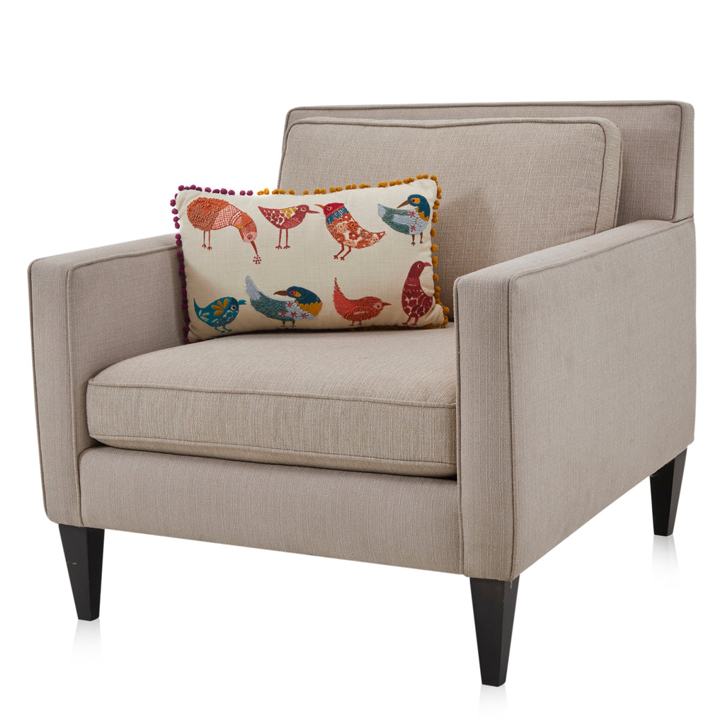 Tan Embroidered Birds Pillow with Tassels
