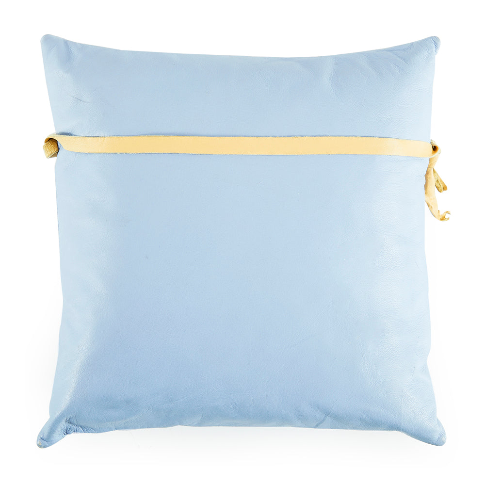 Blue Leather Pillow with Ribbon