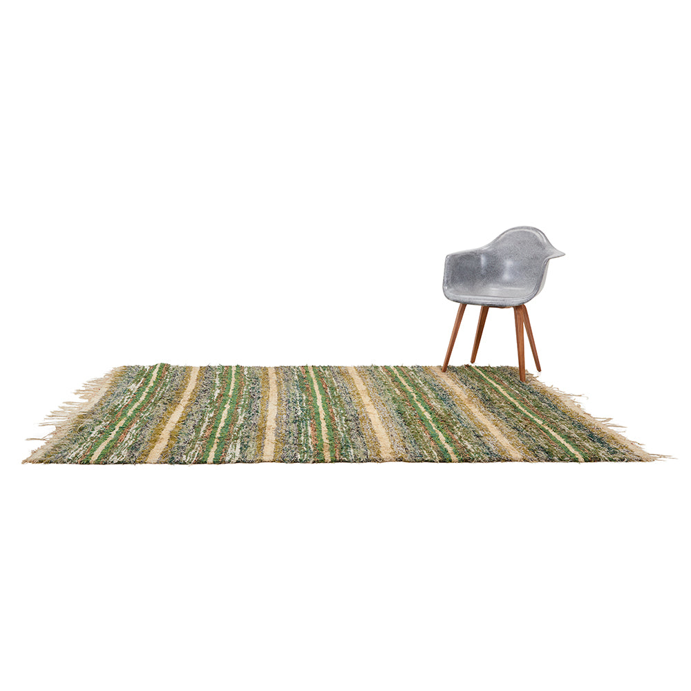 Green Tan Stripe Fringed Rug