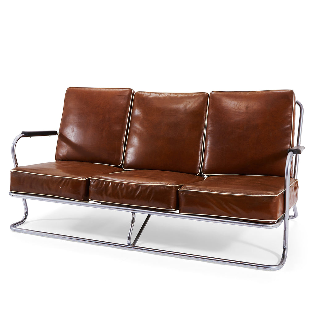 Brown Leather and Chrome Deco Sofa