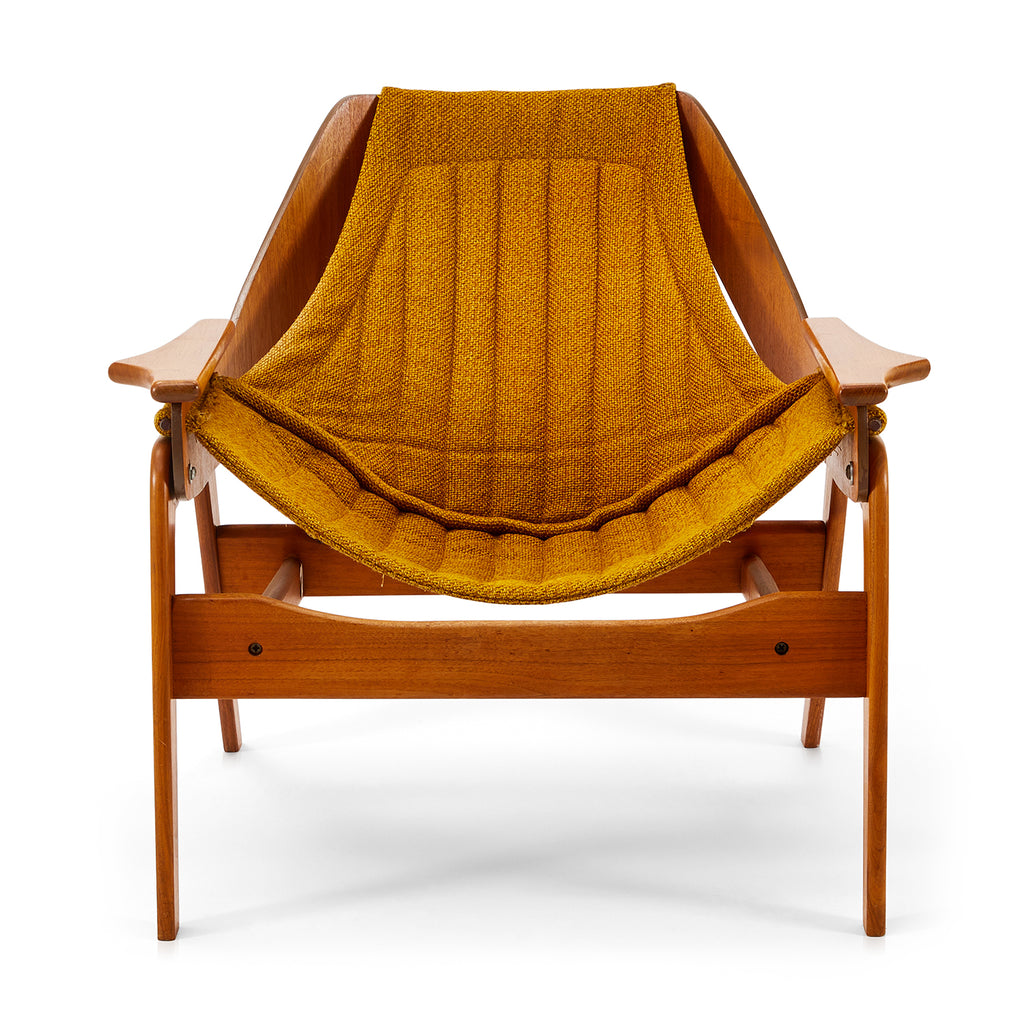 Vintage Wood + Mustard Fabric Sling Arm Chair