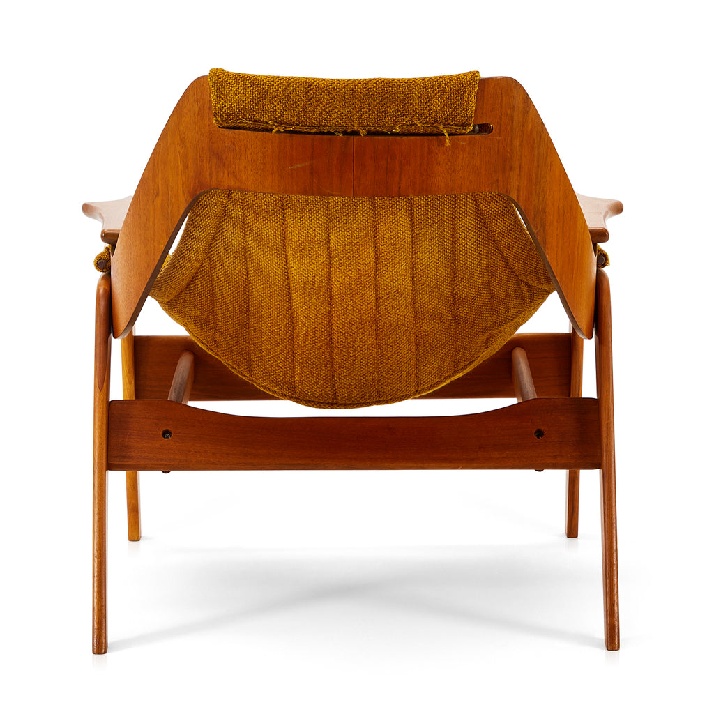 Vintage Wood + Mustard Fabric Sling Arm Chair