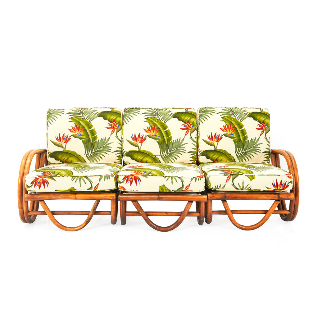 White & Green Floral Rattan Frame Vintage Couch