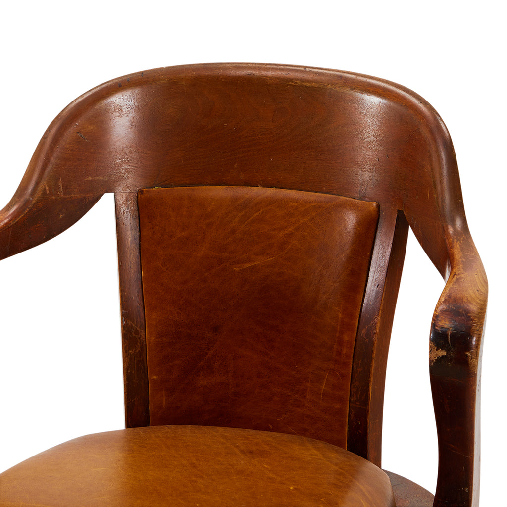 Wood & Brown Leather Vintage Rolling Office Chair