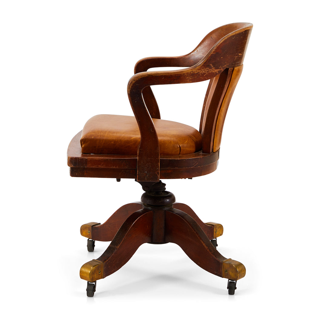 Wood & Brown Leather Vintage Rolling Office Chair