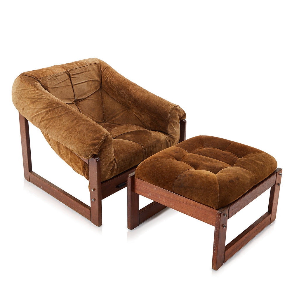 Brown & Wood Suede Mid Century Lounge Chair