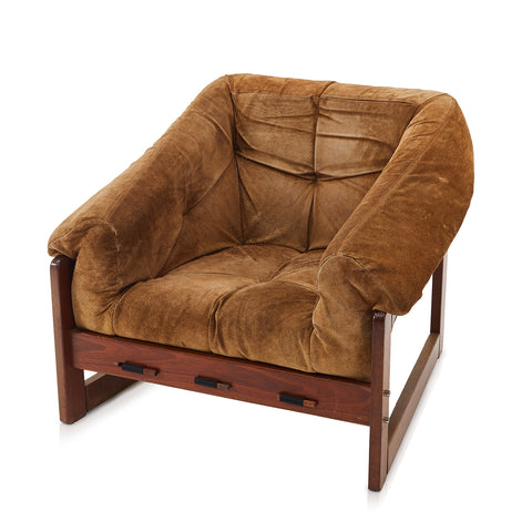 Brown & Wood Suede Mid Century Lounge Chair