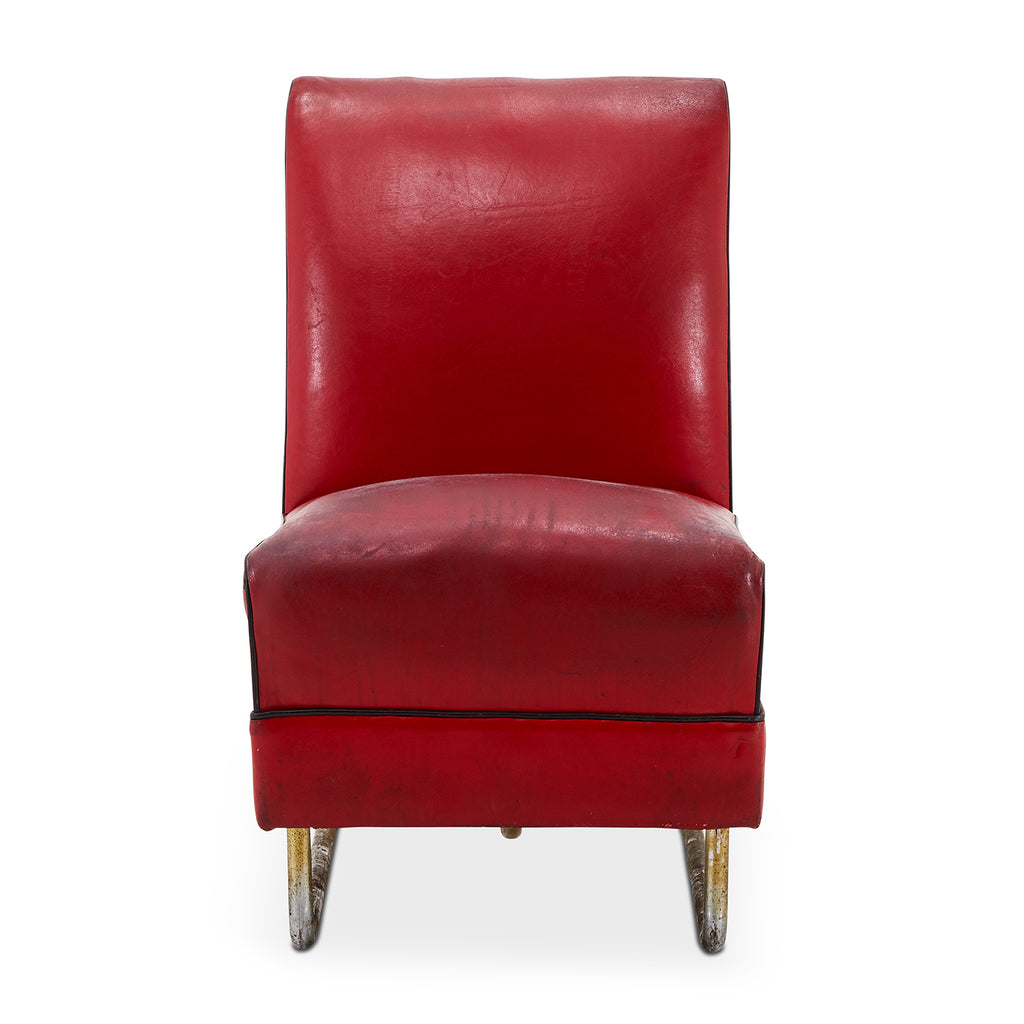 Red Leather Distressed Armless Lounge Chair