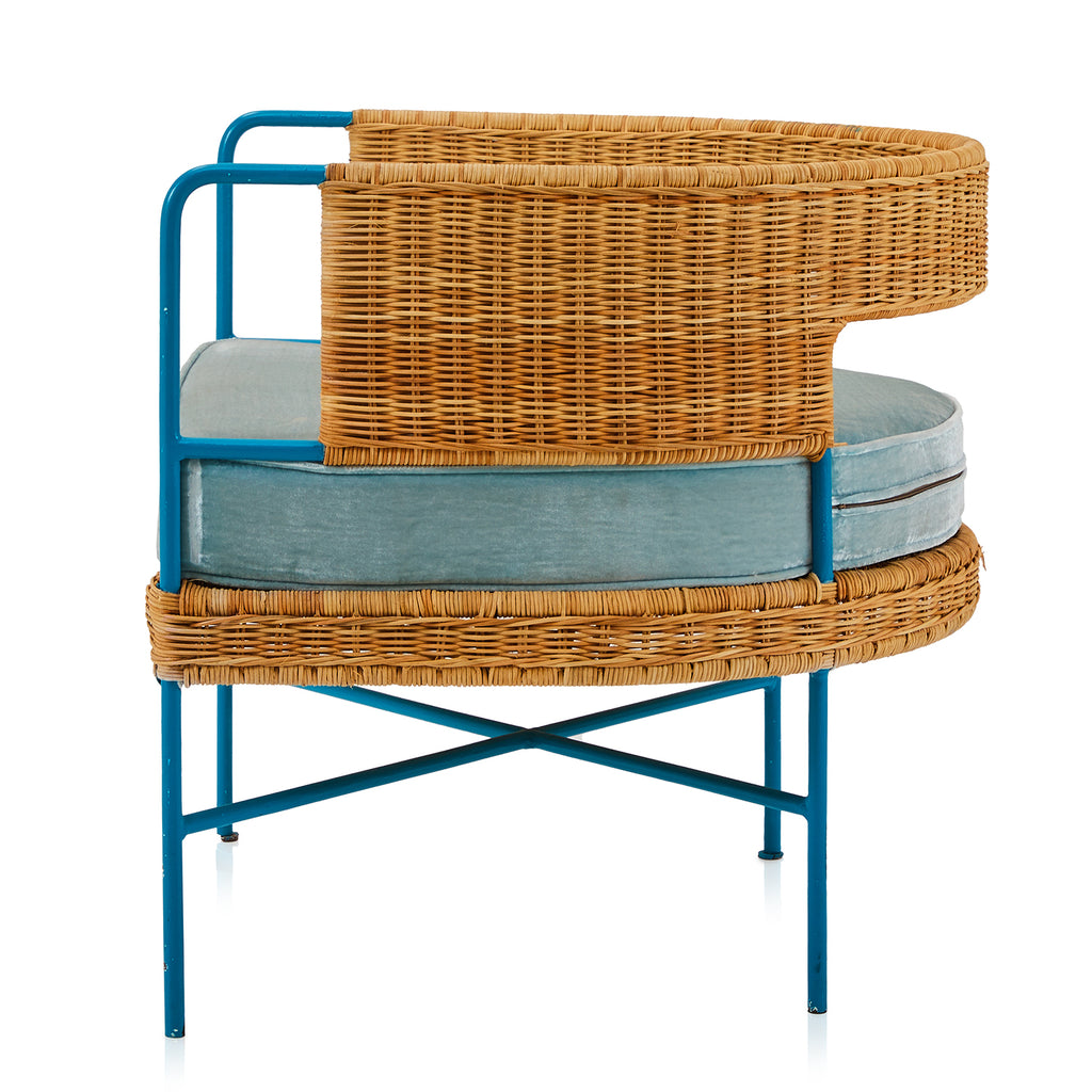 Blue Wicker Velvet Arm Chair