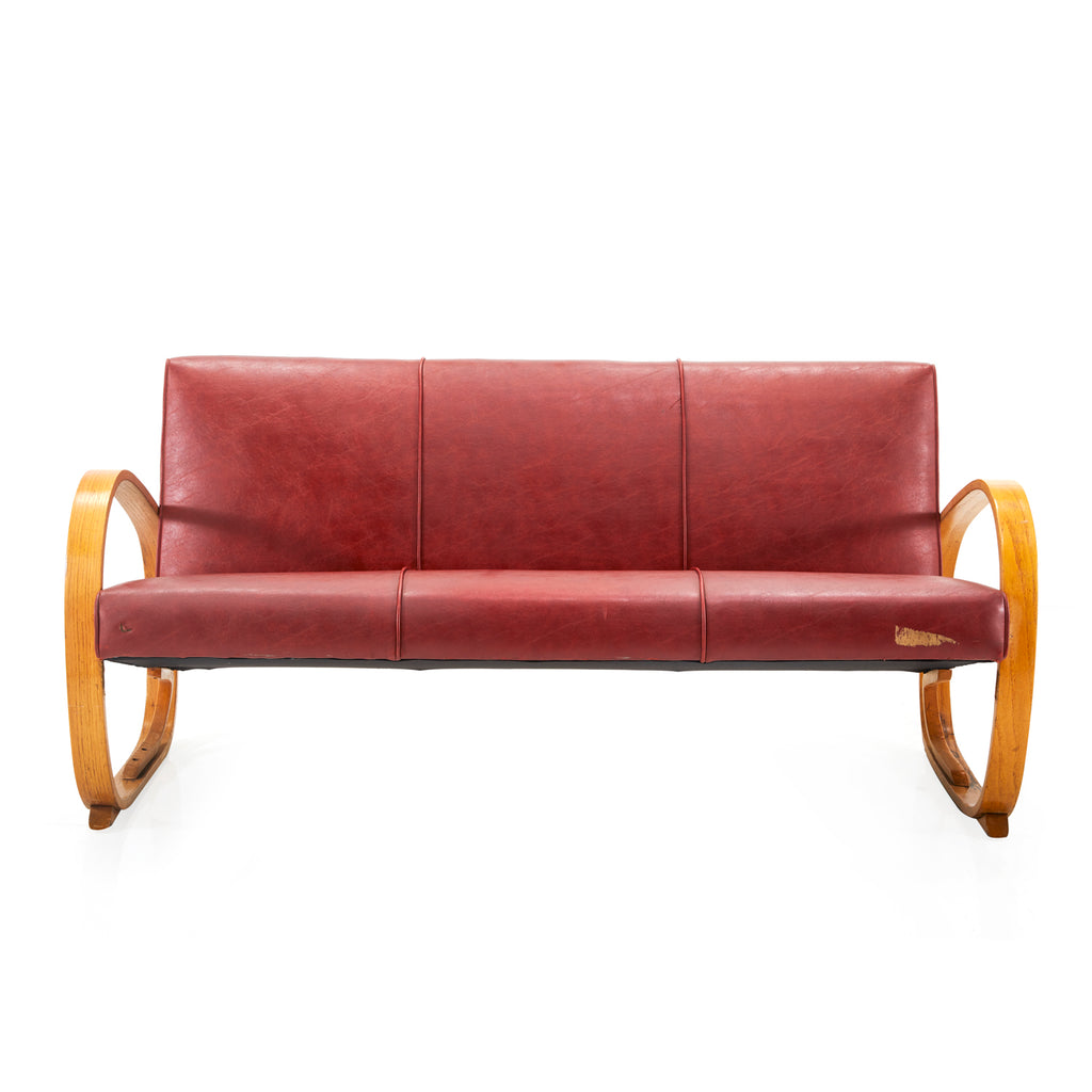 Red Leather Light Wood Deco Sofa