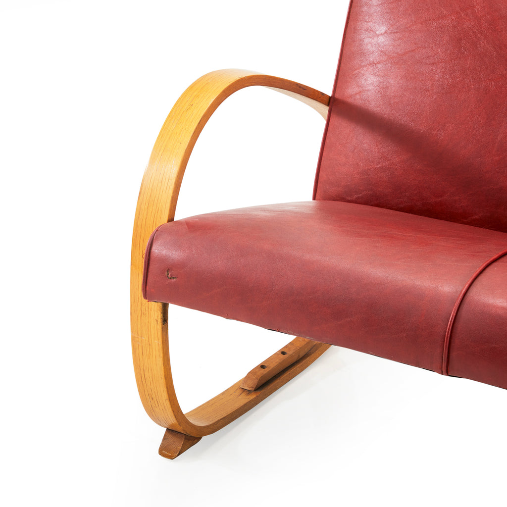 Red Leather Light Wood Deco Sofa