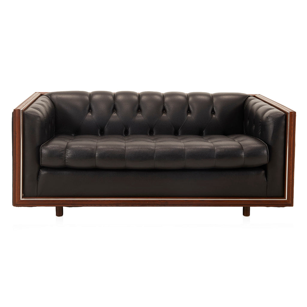 Black Leather Tufted Vintage Tuxedo Loveseat