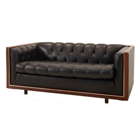 Black Leather Tufted Vintage Tuxedo Loveseat