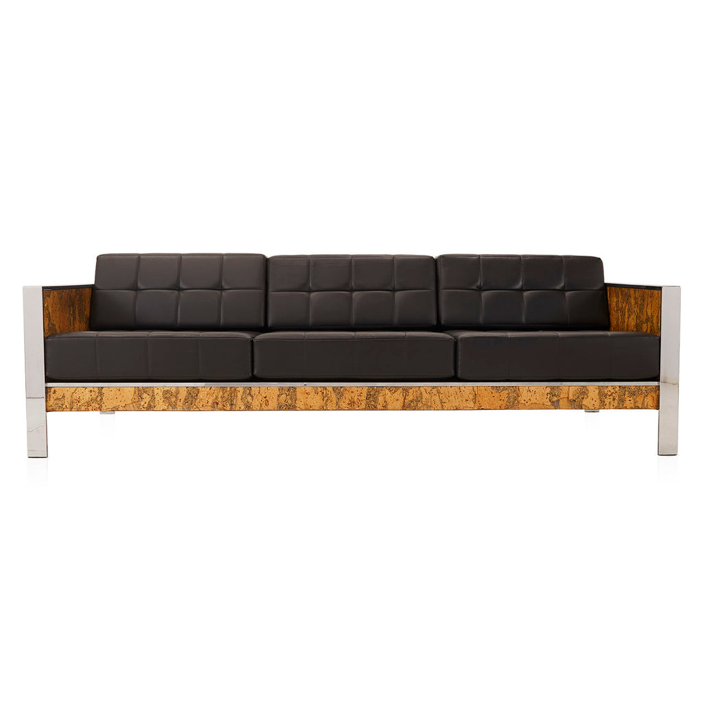 Black Leather Sofa with Cork & Chrome Frame