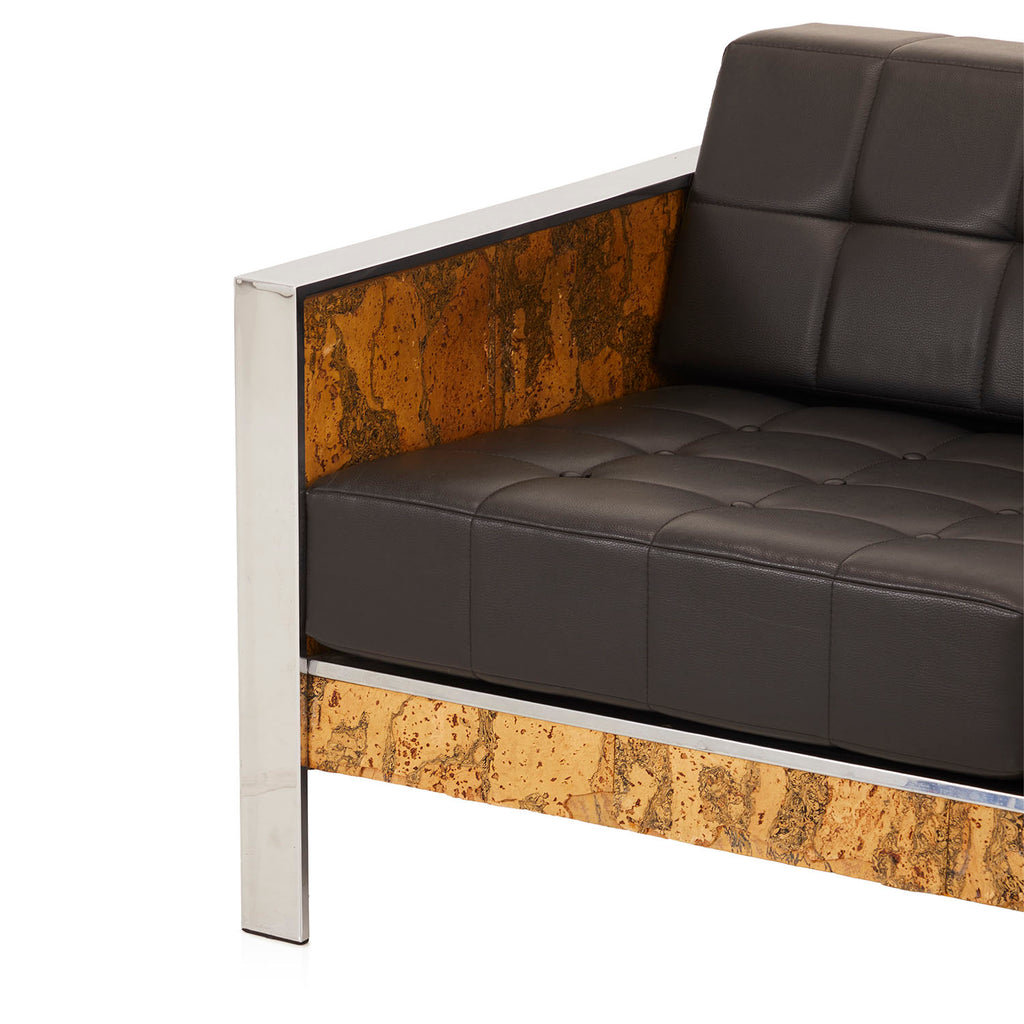 Black Leather Sofa with Cork & Chrome Frame